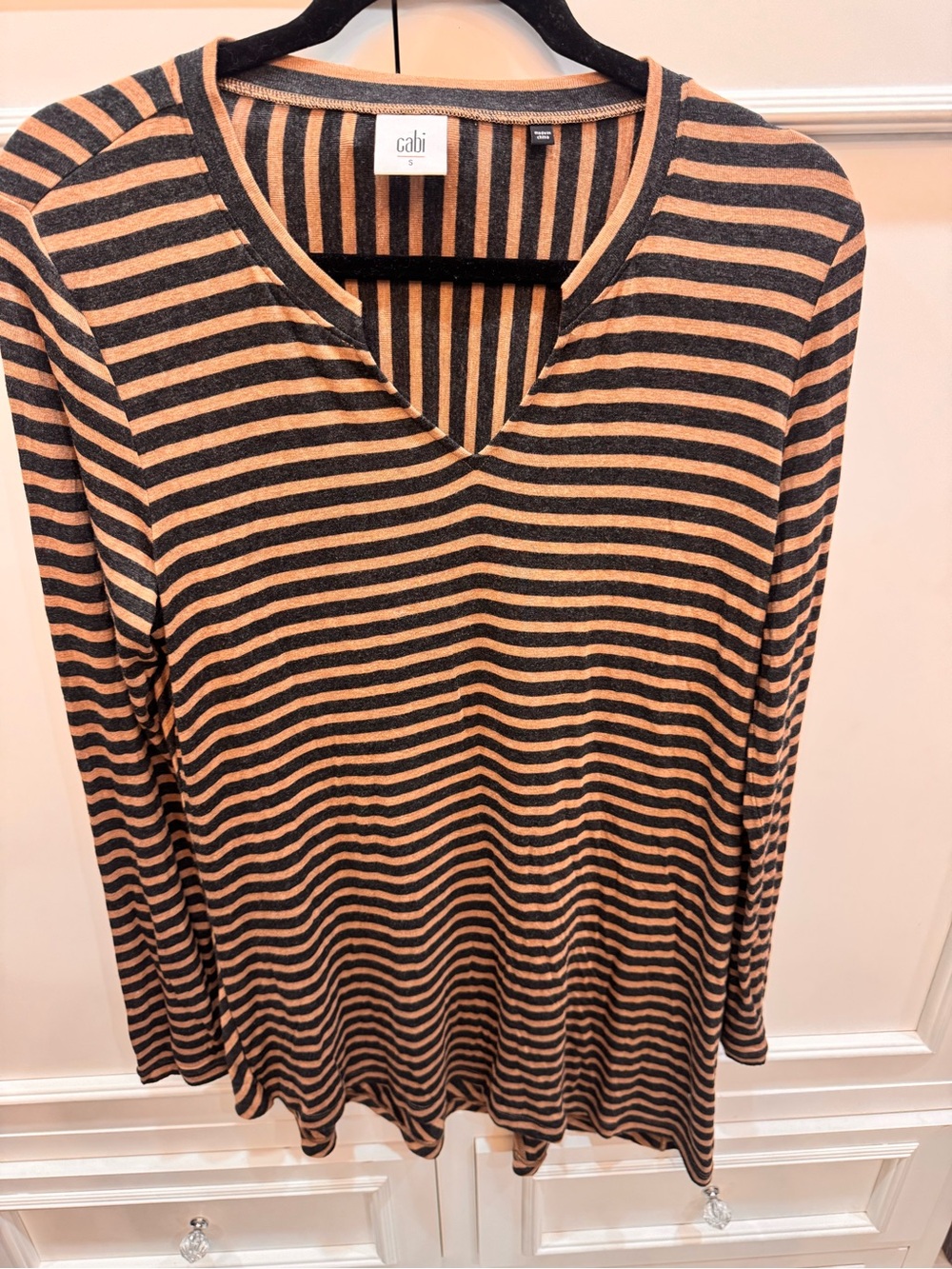 CAbi Black and Tan Striped V-Neck Long Sleeve Top